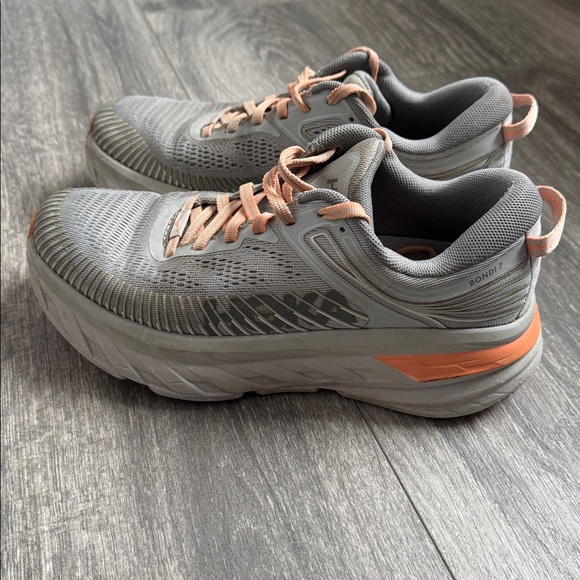 Hoka One One Women's Gray and Peach Athletic Running Shoes - Picture 2 of 9